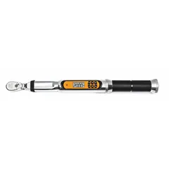 This flex-head electronic torque and angle wrench features audible and visual indicators for precise torque measurement in Newton-Meters. With a 15 5/8-inch overall length, it is suited for fastening applications requiring controlled torque and angle settings in automotive, industrial, and maintenance tasks.