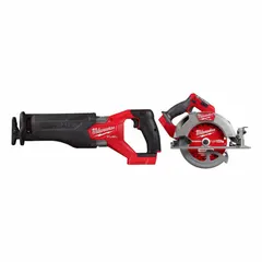 This 2-tool kit includes a circular saw (MPN 2834-20) and a reciprocating saw (MPN 2821-20), both operating on 18 V DC power. The combination provides portable cutting capability for framing, demolition, and general construction tasks on job sites where cordless mobility is required.