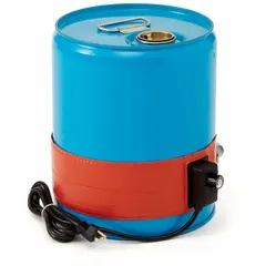 Band heater designed for indoor use with 5-gallon drums. Operates on 115V AC, 4.9 A, delivering 550 W to maintain temperatures from 0°F to 425°F. Suitable for warming materials in drums to reduce viscosity for easier handling.