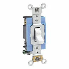 Double-pole, maintained toggle wall switch rated 15A at 120/277V AC. Non-illuminated, white finish. Used for on/off control of lighting or other loads from a single location in commercial and industrial settings.