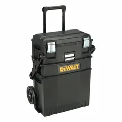 Plastic rolling tool box set with lift-up lid and latch closure. Black and yellow finish. Dimensions: 22 in width, 16 1/2 in depth, 29 in height. Used for transporting and organizing tools on job sites.