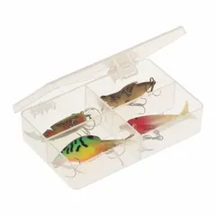 Clear plastic compartmented box with four fixed compartments for organizing small parts such as screws, nuts, beads, or craft supplies. Each compartment measures 4-5/8 in x 1 in. Not electrostatic discharge conductive. Suitable for workshops, labs, or assembly lines.