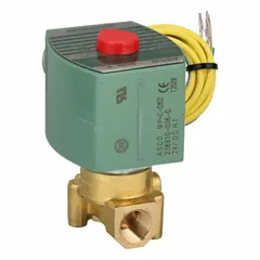 This 2-way/2-position normally closed solenoid valve features a brass body and watertight coil enclosure. Designed for high-flow applications, it operates at 24V DC with a 1/4 in pipe size. Suitable for on/off control of water, air, and light oil in industrial fluid systems.