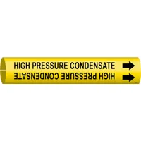 Yellow snap-on pipe marker with black legend reading 'High Pressure Condensate' and directional arrows. Fits pipe outer diameters from 3/4 to 1-3/8 inches. Used for identifying high-pressure condensate lines in industrial piping systems