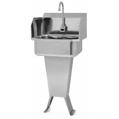 This one-station freestanding hand sink includes a battery-powered sensor faucet with a 2 gpm flow rate. The bowl measures 17 inches long and 7 inches deep, and a side splash is included. Suitable for commercial restrooms, food service areas, and healthcare facilities requiring touch-free handwashing.