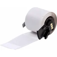 White matte vinyl precut wraparound label measuring 2 1/2 in x 1 1/2 in. Designed for permanent identification of wires and cables from 4 AWG to 0 AWG. Compatible with M610 printer series using M61-R4310 ribbon. Suitable for marking in electrical panels, machinery, and control cabinets