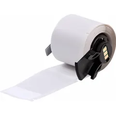 White matte vinyl precut wraparound label measuring 2 1/2 in x 1 1/2 in. Designed for permanent identification of wires and cables from 4 AWG to 0 AWG. Compatible with M610 printer series using M61-R4310 ribbon. Suitable for marking in electrical panels, machinery, and control cabinets.
