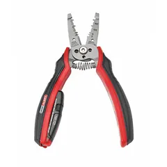 Manual wire stripper for solid wire, 14 AWG to 12 AWG range. Stainless steel construction with cushion grip. Overall length 7 1/2 in. Used for cutting and stripping electrical wire in maintenance and field service.