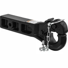 This pintle hook hitch is designed for Class 5 receiver-mount applications. It has a 2.5 in shank diameter, a gross vehicle weight capacity of 3,600 lb, and a tongue weight capacity of 3,600 lb. The steel construction with a powder-coated finish provides corrosion resistance. Suitable for towing heavy trailers, equipment, or machinery in industrial, construction, and agricultural settings.