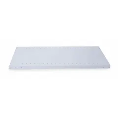 Solid steel shelf for standard metal shelving systems. 20-gauge steel with light gray powder-coated finish. Overall depth 24 in. Pack of 5 shelves. Suitable for warehouse, industrial, and commercial storage applications.