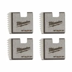 Set of 4 alloy steel dies for cutting NPT right-hand threads on 3/4-inch IMC conduit. Suitable for manual or handheld power threaders in electrical and plumbing installations.