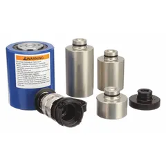 This single-acting hydraulic ram is constructed from steel and has a nominal capacity of 10 tons with a 2 in stroke. It is used in industrial lifting and pressing applications, such as automotive repair, construction, and manufacturing, where a compact high-capacity ram is required.