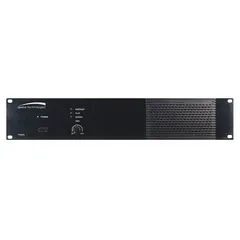 Class D audio amplifier with Aux input (XLR or terminal) and XLR output, operating at 70V and 110-120V AC. Includes power supply. Suitable for commercial audio distribution in paging, background music, and public address systems.