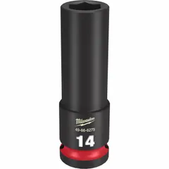 This 1/2" drive deep impact socket is designed for use with impact wrenches in heavy-duty fastening tasks. The 14 mm, 6-point metric socket features a deep profile for accessing recessed fasteners and a black phosphate finish for corrosion resistance. Friction retention helps secure the socket on the anvil.