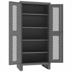This ventilated shelf cabinet from DURHAM MFG features a gray body with ventilated panels, four adjustable shelves, and a swing handle with padlock hasp. It is mounted on legs and supplied fully assembled. Typical applications include storage of tools, parts, and equipment in workshops, warehouses, and manufacturing facilities where airflow is beneficial.