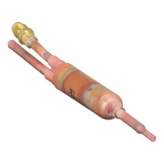 Copper shell filter drier for HFC refrigeration systems. Designed for 0.5 ton systems with a molecular sieve core. Features 1/4 inch sweat connections and 8 inch length. Removes moisture, acids, and contaminants from the liquid line to protect expansion valves and compressors.