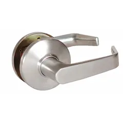 This BEST storeroom lever lockset features a 9K Contour Angle Return Lever in satin chromium-plated zinc finish. It is ADA compliant and equipped with a Large Format Interchangeable Core (LFIC) for keying flexibility. Designed for ANSI F86 function, it provides key-locked egress and free entry, suitable for storeroom, utility, or mechanical-room applications.