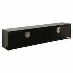 This topside box features double drop-down doors with a T-handle and keyed lock for secure storage. Finished in black, it has an overall width of 90 inches. Designed for mounting on truck beds, it provides weather-resistant storage for tools and equipment.
