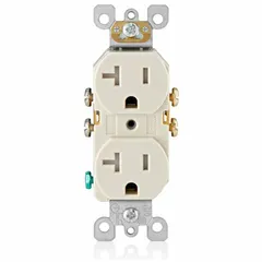 General-purpose duplex receptacle rated 125V AC and 20A with NEMA 5-20 configuration, 2-pole/3-wire grounding. Light almond finish. Suitable for powering equipment and appliances in commercial and industrial settings.