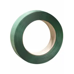 Hand-grade polyester strapping with a break strength of 2,500 lb, 0.05 in thickness, and smooth dry finish. Green color. Core diameter 16 in. Used for manual tensioning and sealing in packaging and shipping applications to secure heavy loads.