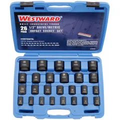 This 26-piece metric impact socket set features a 1/2 in drive and includes sockets ranging from 10 mm to 36 mm. Designed for use with impact wrenches, it is suited for tightening and loosening fasteners in automotive repair, heavy equipment maintenance, and industrial assembly.