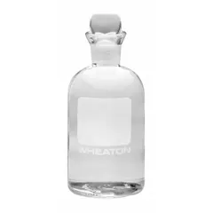 This 300 mL narrow-mouth glass bottle is designed for biochemical oxygen demand (BOD) testing in water quality analysis. It includes a colorless pennyhead stopper closure that creates a water seal to prevent atmospheric oxygen ingress. The bottle measures 165 mm in height and is un-numbered.