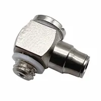 Nickel-plated brass tube fitting with a Metric x Push-to-Connect design. Connects 5 mm pipe to 3 mm OD tube. M5 thread size. Suitable for pneumatic and low-pressure fluid systems in industrial environments