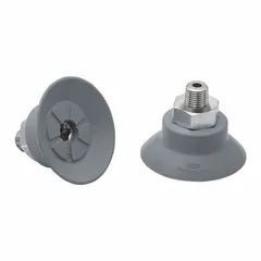 This vacuum pad assembly features a flat profile suitable for handling sensitive components in electronics manufacturing. It has a 44 mm pad diameter, 23.2 mm pad height, and is constructed from NBR material with a hardness of 55 A in gray. The assembly includes a 1/8 in NPT connection for integration into vacuum systems.