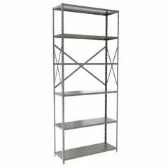 This heavy-duty standalone open metal shelving unit from HALLOWELL is constructed of steel with a gray finish. It measures 36 inches wide by 12 inches deep with an overall height of 84 inches and includes six shelves. The unit ships unassembled and is suitable for organizing bulk materials, tools, and inventory in industrial storage environments.