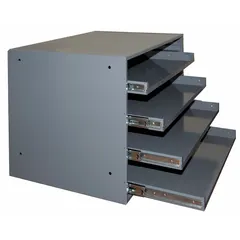 Gray cabinet frame designed for 4 drawers, with bearing mechanism for smooth operation. Stackable for vertical storage expansion. Suitable for organizing small parts, tools, or components in industrial workshops and maintenance facilities.