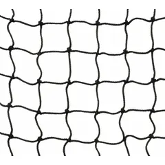 This black nylon pallet rack netting features a 3 1/2 in mesh size and measures 600 in x 1/4 in x 120 in. It is used to secure loads on warehouse racking, preventing items from falling in distribution centers, manufacturing facilities, and storage areas. Hardware is not included.