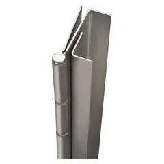 This full mortise-mount piano hinge is made of stainless steel, with a leaf height of 83 1/8 inches and a leaf width of 2 3/16 inches. It is used for continuous support on doors, panels, and enclosures in industrial and commercial applications.