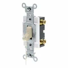 Single-pole maintained toggle wall switch rated 15A at 120/277V AC. Non-illuminated ivory finish. Controls lighting or other loads from one location in residential, commercial, or industrial settings.