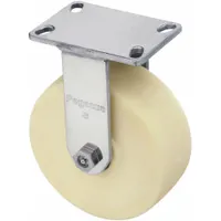 This rigid kingpinless plate caster features a corrosion-resistant design and a white nylon wheel with ball bearings. The 8-inch diameter and 3-inch width provide stable support for carts, racks, and equipment in industrial environments where non-swiveling mobility is required
