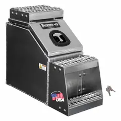This single flip-up door truck step box provides secure, organized storage for tools and equipment on service trucks, utility vehicles, and work trucks. Constructed of silver aluminum, it features a keyed lock and T-handle compression latch. Overall dimensions: 28 in depth, 24 in height, 12 in width.