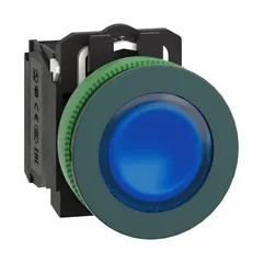 Momentary illuminated push button with flush profile, non-metallic construction, 30 mm mounting diameter, and 1NO/1NC contact configuration. Used as a control switch in industrial control panels and automation systems for start/stop and signaling applications.