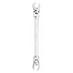 Alloy steel construction with a chrome finish. Double-ended flex head design with 6-point openings for 13 mm and 14 mm flare nuts. Overall length of 8-1/2 inches. Used for tightening or loosening flare nuts on brake lines, fuel lines, and hydraulic fittings.