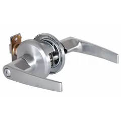 This privacy lever lockset is designed for interior doors requiring locking from the inside, such as bathrooms or bedrooms. It features a satin chromium-plated zinc finish in the Slate style and is ADA compliant for accessibility. The ANSI F76B function allows locking via a push button or turn button on the inside, with emergency release from the outside. This model is not ligature-resistant and has no visual indicator.