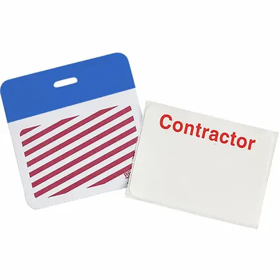 BRADY Card Clip On Badge: Contractor, Vinyl, White, 2 in Card Ht, 3 in Card Wd - Clip-On ID Badges