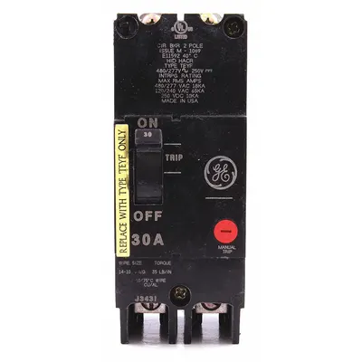 GE Molded Case Circuit Breaker: 30 A Amps, 18kA at 277/480V AC, Fixed, Lug - TEY-Frame GE Molded Case Circuit Breakers