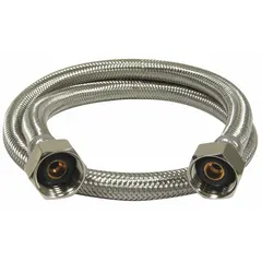 Faucet connector with 5/16 in inside diameter and 20 in hose length, rated for 250 psi. Constructed with a PVC hose tube and stainless steel cover. Meets UPC standards. Used in plumbing systems to connect shut-off valves to faucets.
