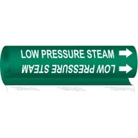 Wrap-around pipe marker for identifying low-pressure steam lines. Green background with white legend and directional arrows. Fits pipe outer diameters from 1-1/2 to 2-3/8 inches. Supplied as a single marker