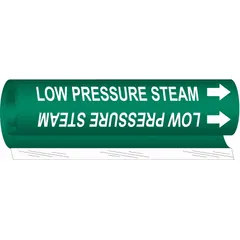 Wrap-around pipe marker for identifying low-pressure steam lines. Green background with white legend and directional arrows. Fits pipe outer diameters from 1-1/2 to 2-3/8 inches. Supplied as a single marker.