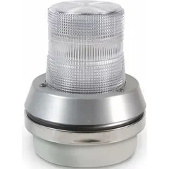 This 24V DC LED horn alarm with strobe light provides audible and visual signaling for fire alarm and safety systems. It features a junction box base and conduit-mount design with a conduit-hole connection. Overall height is 7 3/8 inches, overall diameter is 6 inches.