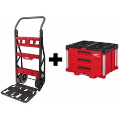 This rolling tool box set is constructed of polymer and features a black/red finish. It includes a security bar for added protection. The set measures 22 1/4 inches wide, 14 1/4 inches high, and 14 1/4 inches deep. Typical applications include transporting and organizing tools on job sites.
