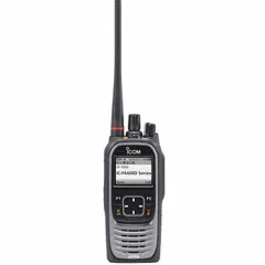 UHF handheld two-way radio supporting analog and digital NXDN operation. Offers 1,204 channels and 5 W transmit power with an 8-hour battery life. Gray housing. FCC license required for operation.