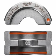 U Style die set for crimping 3/0 AWG electrical wire and cable. Designed for use with MILWAUKEE tool models 2679-20 and 49-16-U000. Orange color. Replacement part for industrial electrical installations.