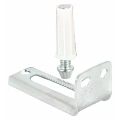This pivot guide is designed for use in hanging door systems to guide smooth pivot operation. It measures 2-15/16 inches in length and 3-3/4 inches in width, with a maximum weight capacity of 40 lb. Suitable for light-duty door applications requiring alignment and reduced hinge wear.