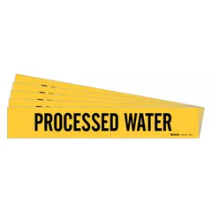 Yellow adhesive pipe marker with black legend reading 'Process Water' for identifying process water lines. Fits pipe outer diameters from 2-1/2 to 7-7/8 inches. Pack of 5 markers without arrows. Suitable for industrial piping systems requiring clear identification of water lines.