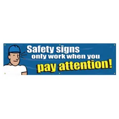 This indoor/outdoor banner is made of poly sheeting and printed on one side. Measuring 28 inches by 96 inches, it is suitable for use in warehouses, construction sites, and plant floors to display safety messages and reinforce protocols.